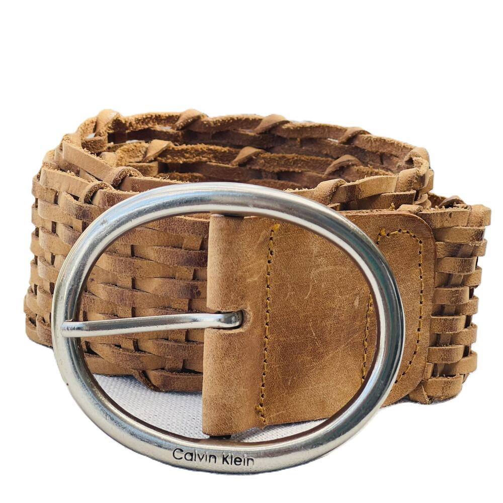 Calvin Klein Vintage Braided Leather Belt Silver Buckle Boho S/M